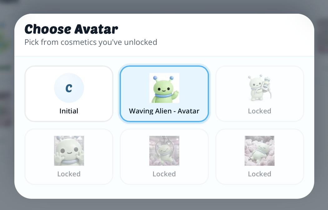 The Choose Avatar screen in the Claw Catcher account, showing unlocked and locked cosmetics