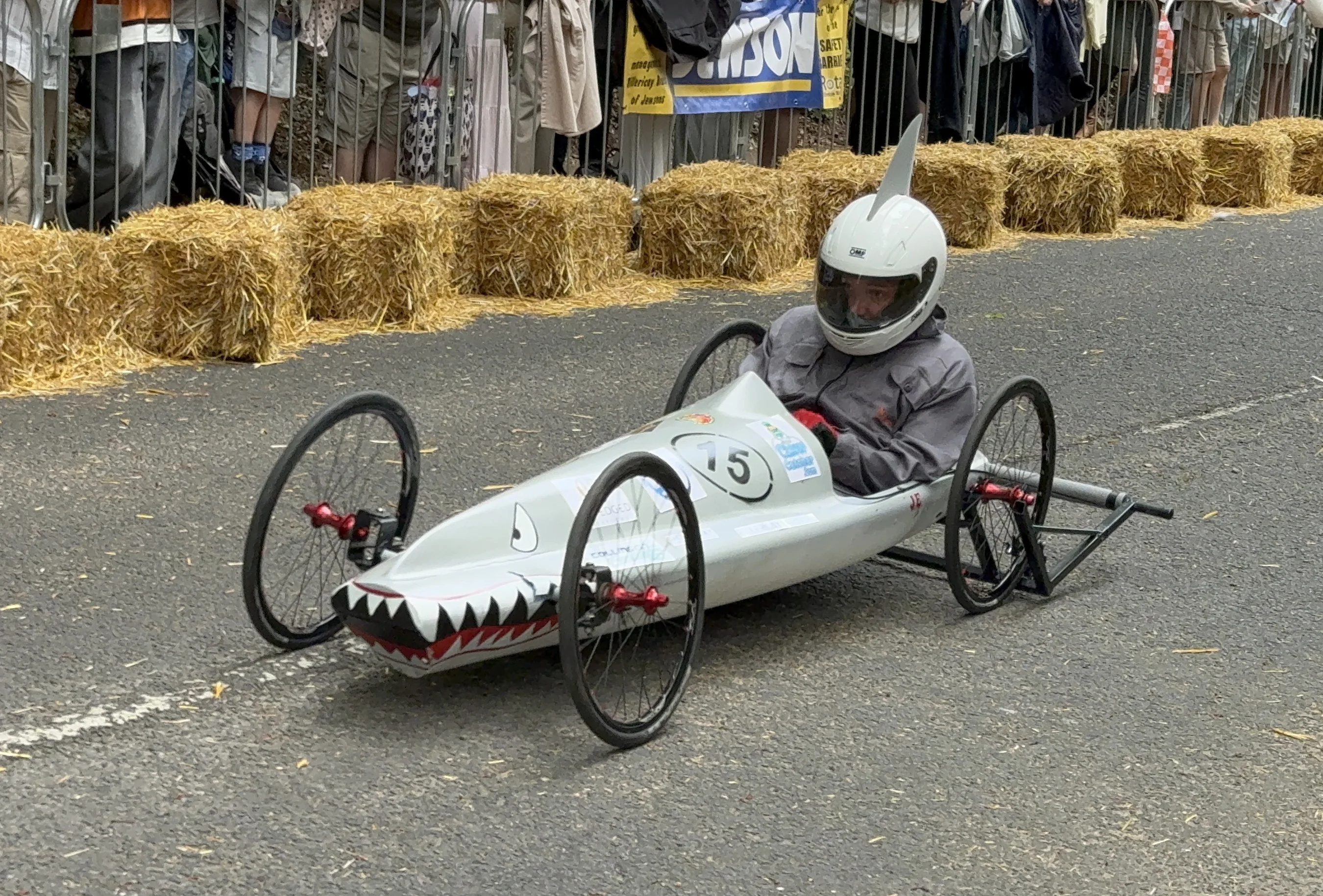 Shark Attack soapbox kart racing at the Billericay Soapbox Derby 2026, built by students from The Billericay School